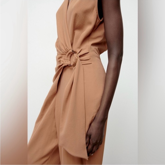 Zara NWT beige tan wrap O ring tie open back cutout jumpsuit - Picture 6 of 8